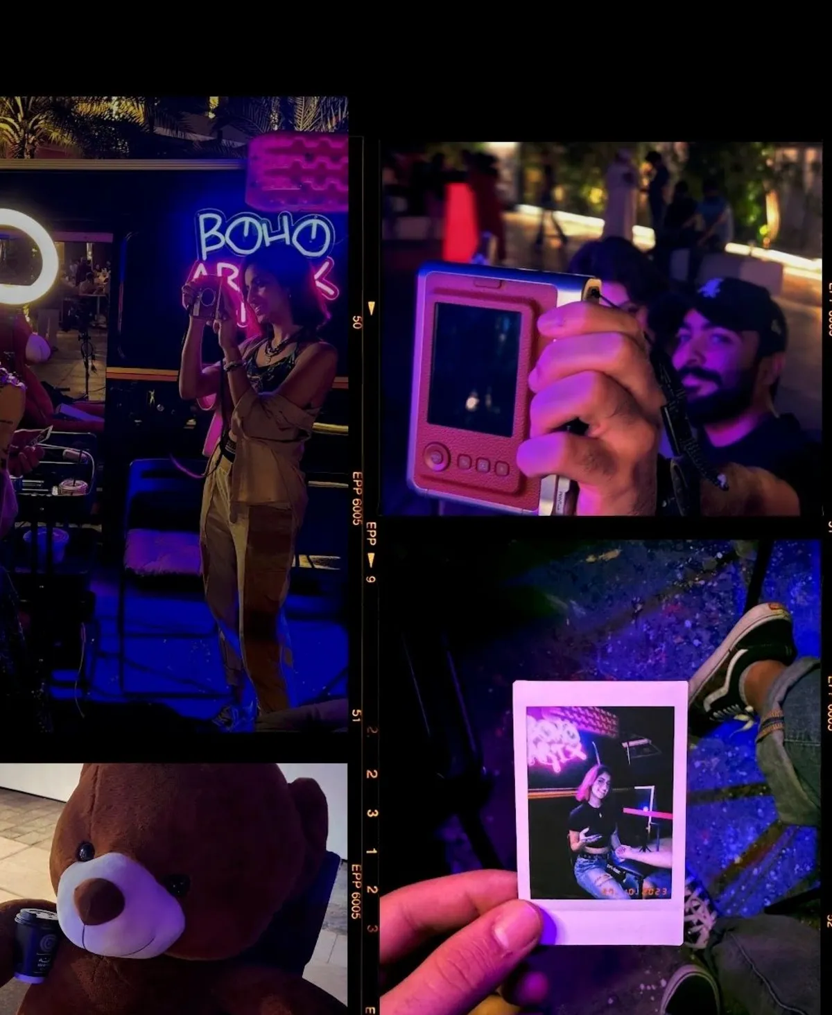 Face painting and instant film under the neon Boho Art sign