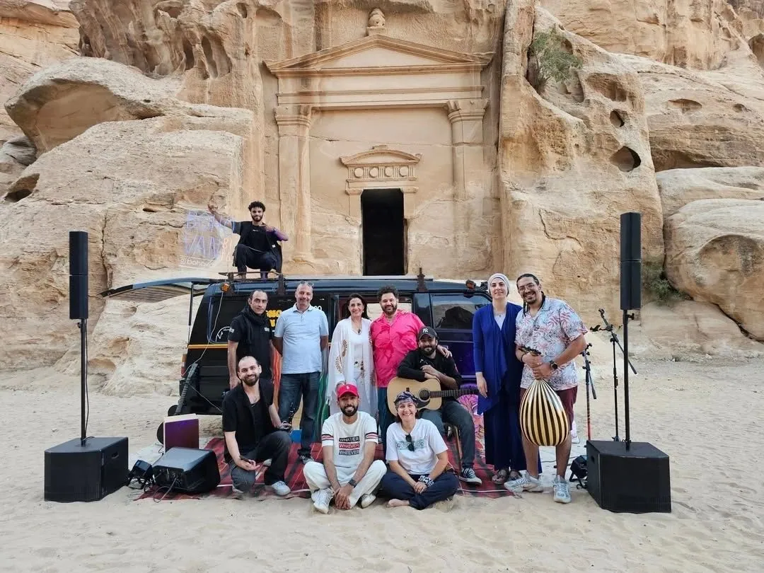 The Boho Van crew with the Jordanian and Palestinian musicians they played with at Little Petra
